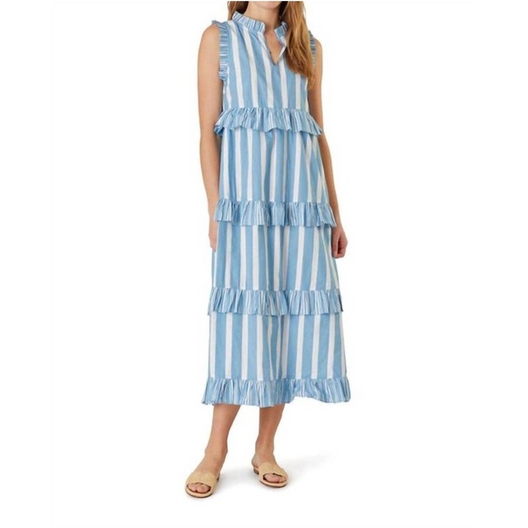 Livro Julia Tiered Midi Dress in Blue and White Island Stripes Extra Small - Picture 1 of 6